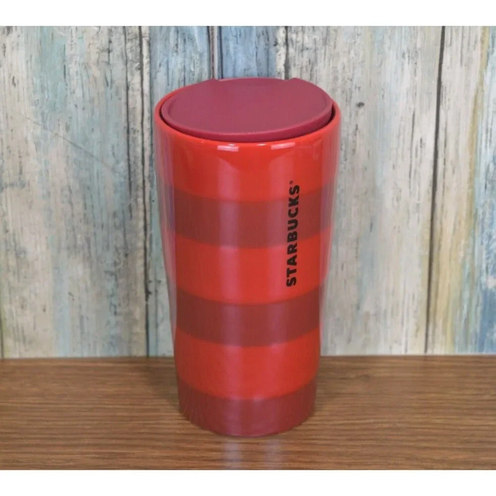 Starbucks Tumbler 12oz Red Striped Travel Mug Coffee Cup Horizontal Stripes NEW